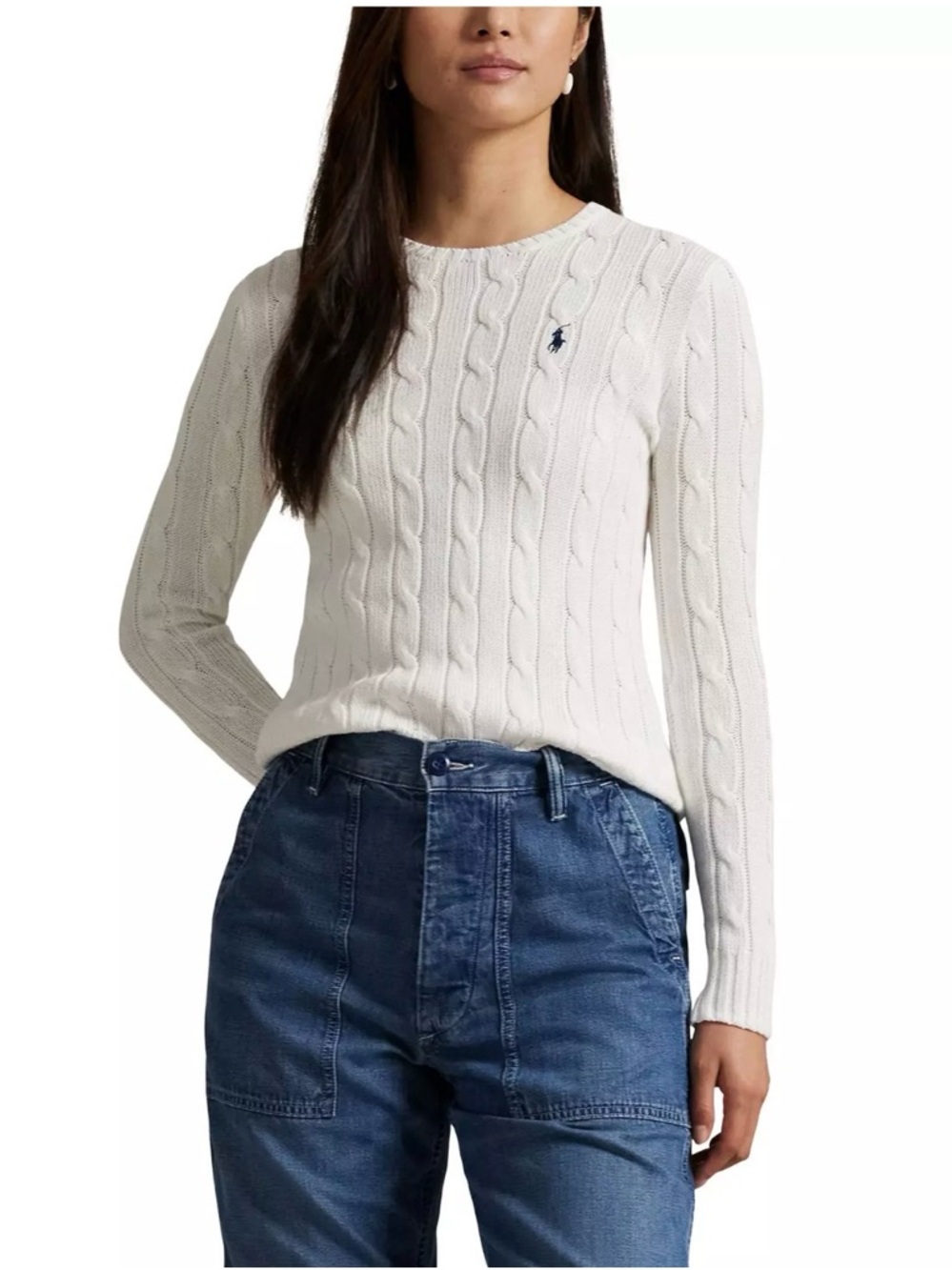 Polo Ralph Lauren Cable-Knit Crew  Sweater white with navy cotton